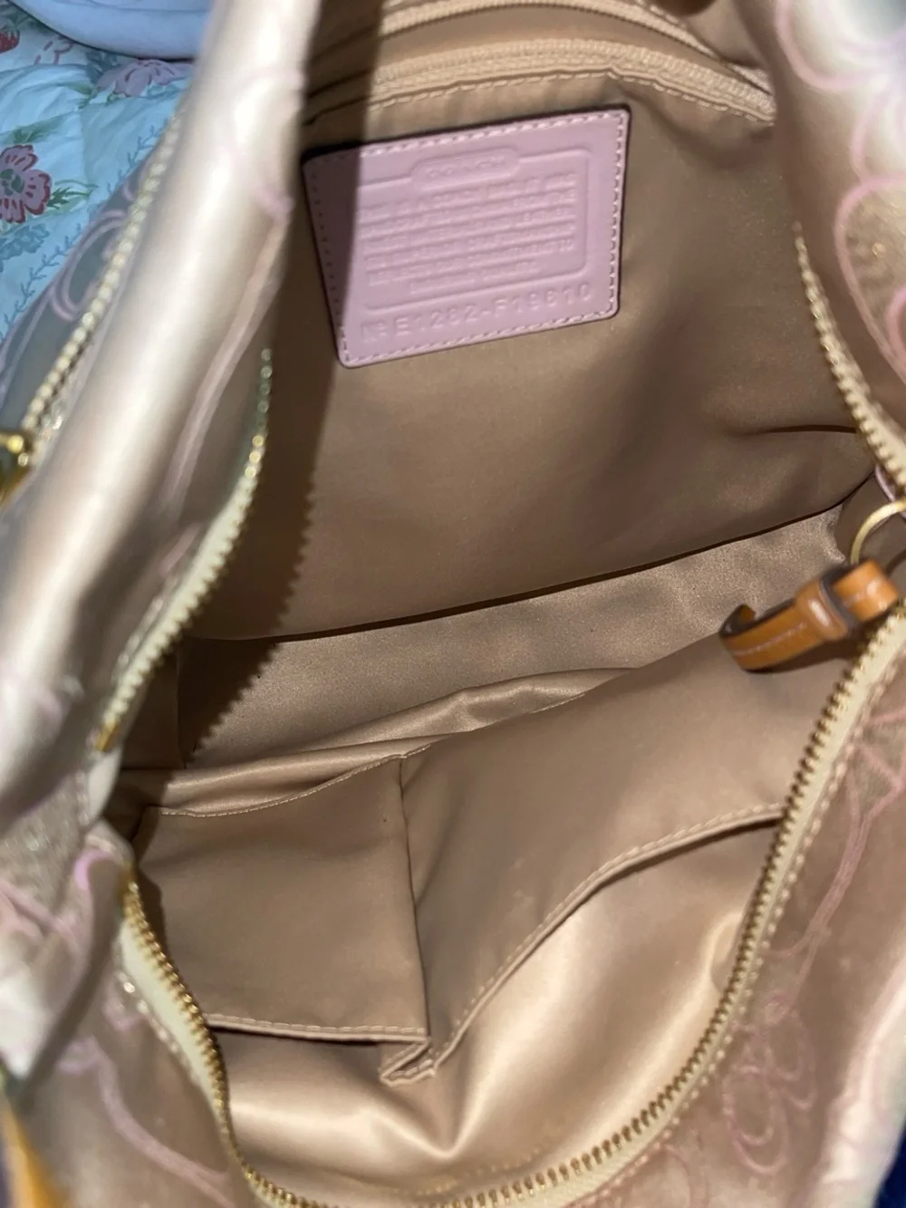Coach Beige Signature Jacquard Shoulder Bag with metallic purple butterflies